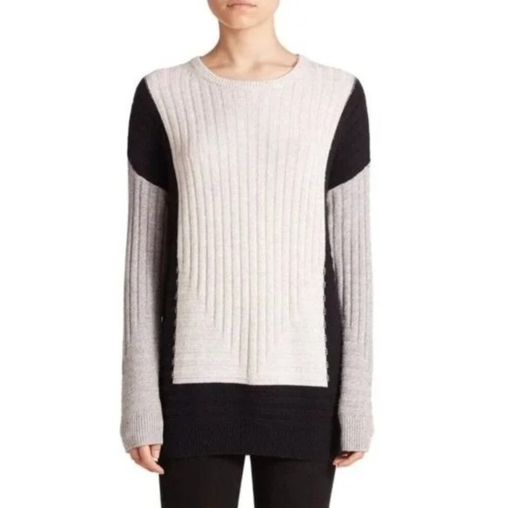 VINCE Intarsia Colorblock Wool Cashmere Crew Sweater in Black Grey White - Sz S